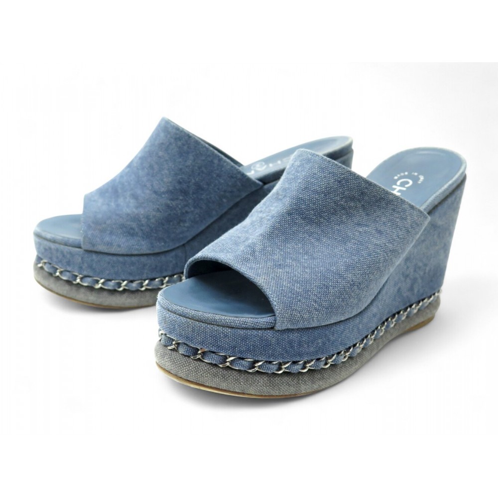 CHAUSSURES CHANEL SABOTS G29032 OPEN TOE EN DENIM CHAINE CC 36 MULES SHOES 1350€