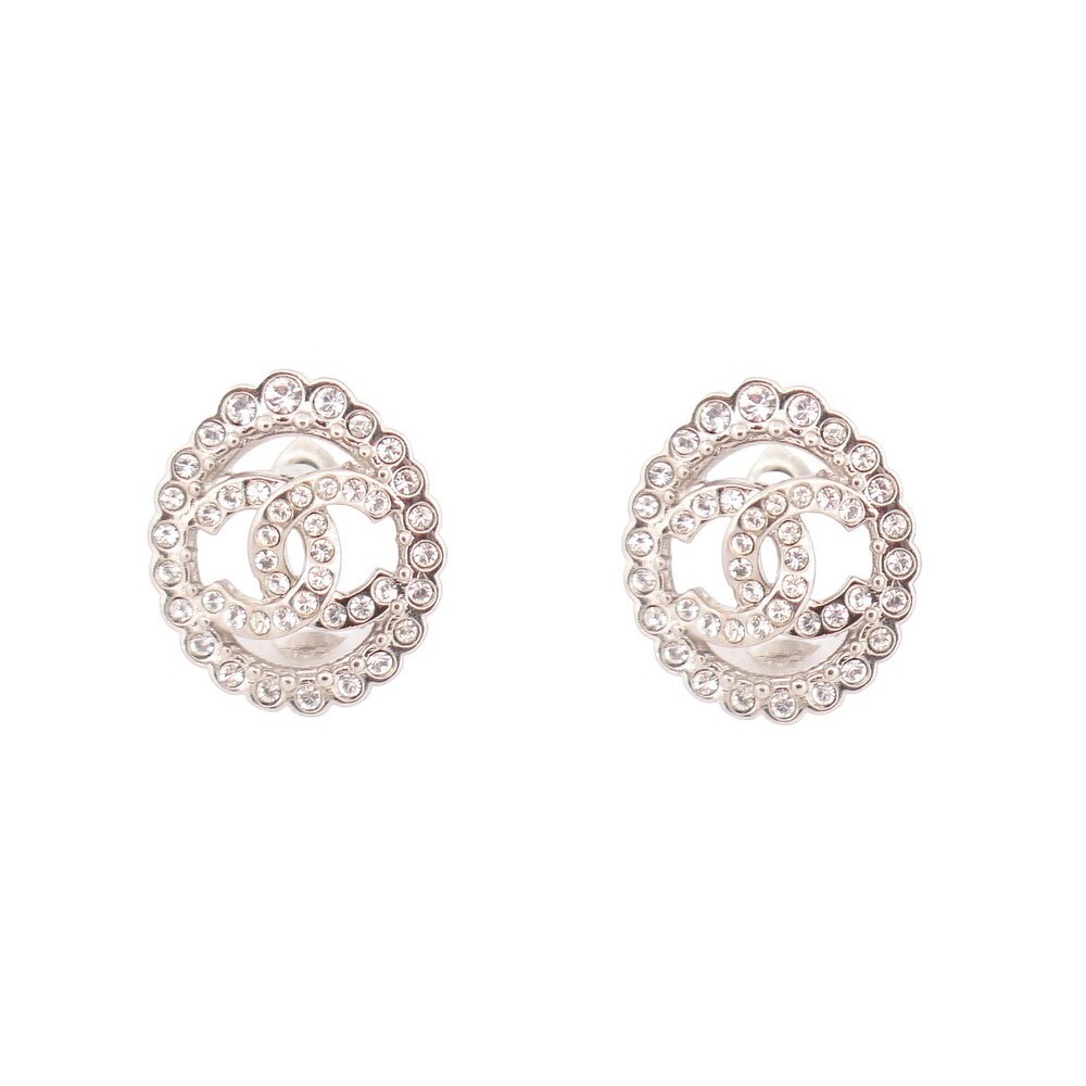 NEUF BOUCLES D'OREILLES CHANEL PUCES LOGO CC STRASS METAL ARGENTE EARRINGS 850€