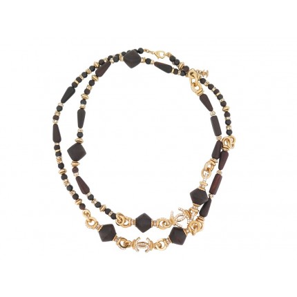NEUF COLLIER CHANEL SAUTOIR LOGO CC 2023 BOIS & PERLES NOIRES METAL NECKLACE NEW