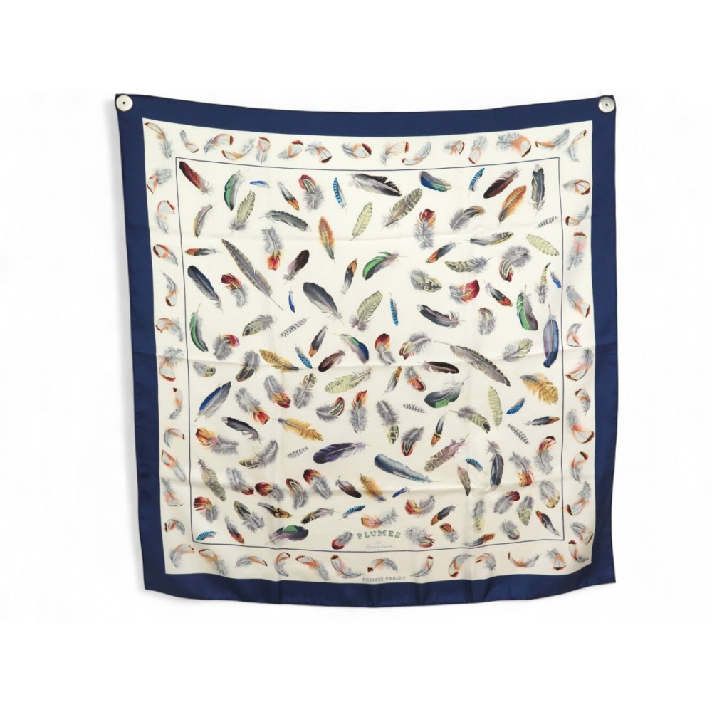 VINTAGE FOULARD HERMES LES PLUMES LINARES SOIE BLEUE CARRE 90CM BOITE SCARF 530€