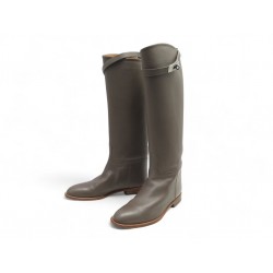 NEUF BOTTES HERMES JUMPING 38 EN CUIR SWIFT TAUPE ETAIN BOUCLE KELLY BOOTS 2310€