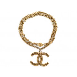 VINTAGE COLLIER CHANEL PENDENTIF LOGO CC CHAINE METAL DORE 1985 82CM NECKLACE
