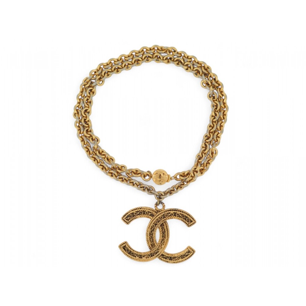 VINTAGE COLLIER CHANEL PENDENTIF LOGO CC CHAINE METAL DORE 1985 82CM NECKLACE