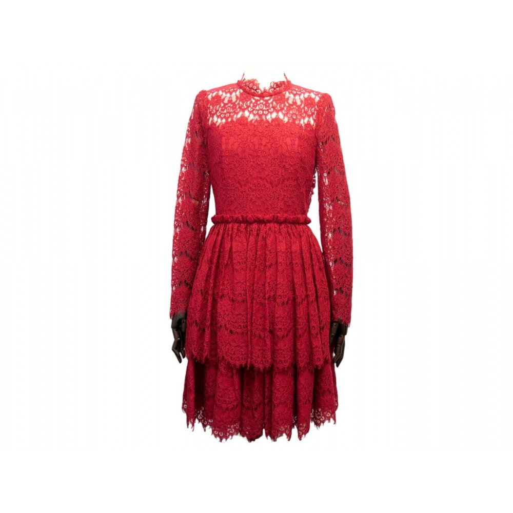 NEUF ROBE LANVIN DENTELLES BRODERIE RW-DR2072-2999-P16 S 36 EN COTON ROUGE 2950€