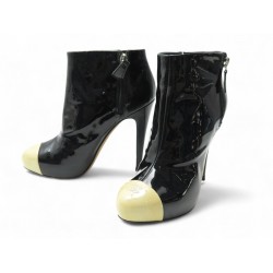 CHAUSSURES CHANEL G28290 BOTTINES A TALONS 38.5 CUIR VERNIS NOIR LOW BOOTS 1500€