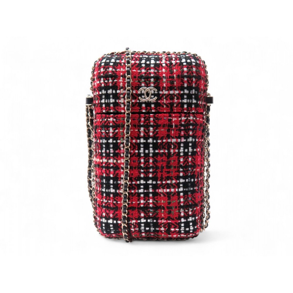 NEUF ETUI SMARTPHONE CHANEL DETAIL CHAINE A94471 TWEED ROUGE BANDOULIERE CLUTCH