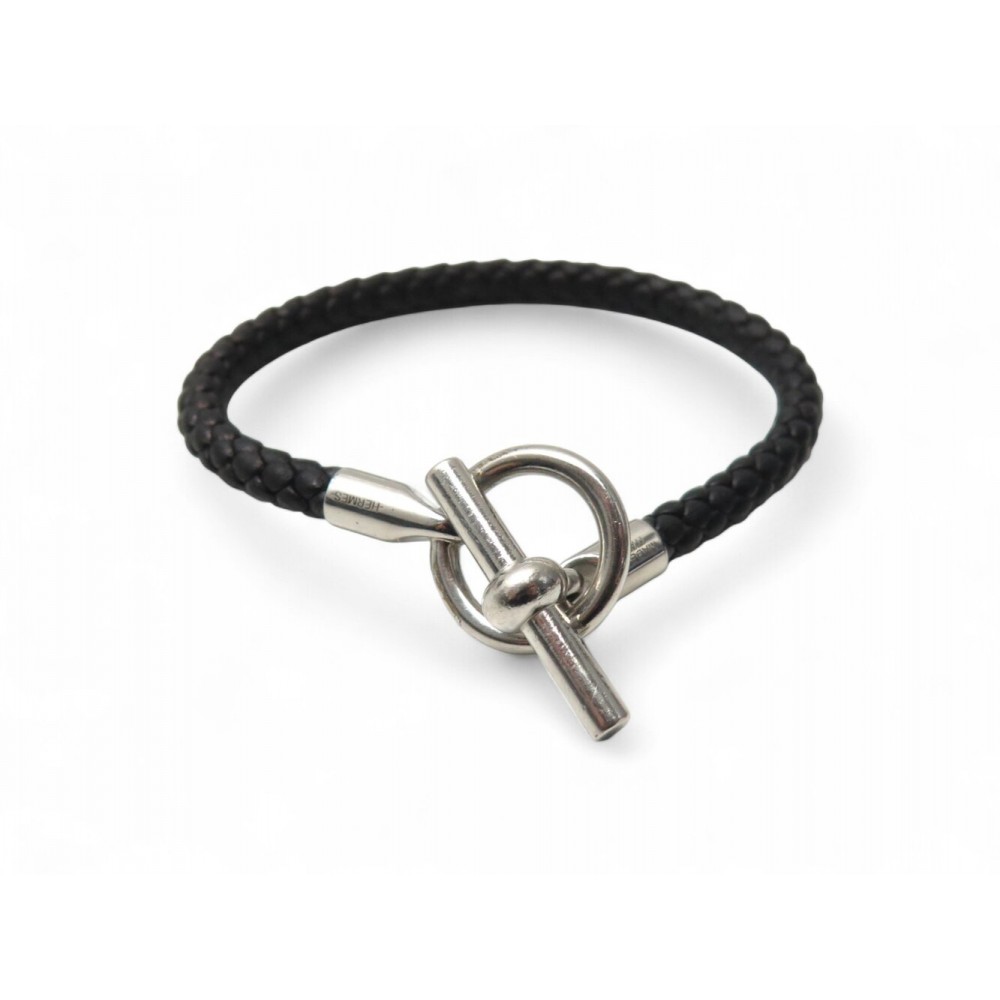 BRACELET HERMES GLENAN H H077240FP89T4 17 METAL DORE CORDON CUIR NOIR JEWEL 370€