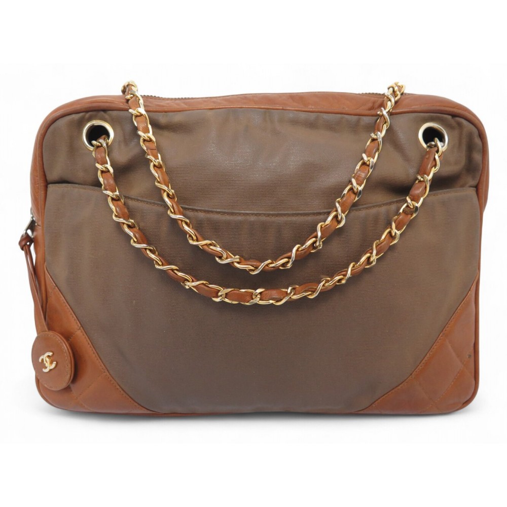 VINTAGE SAC A MAIN CHANEL CAMERA TOILE ET CUIR MATELASSE MARRON HAND BAG 6500€