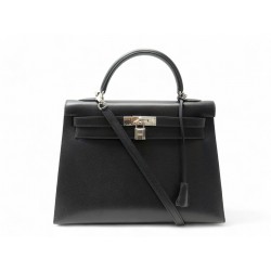 SAC A MAIN HERMES KELLY 32 SELLIER CUIR EPSOM NOIR 2004 BANDOULIERE NEW HANDBAG
