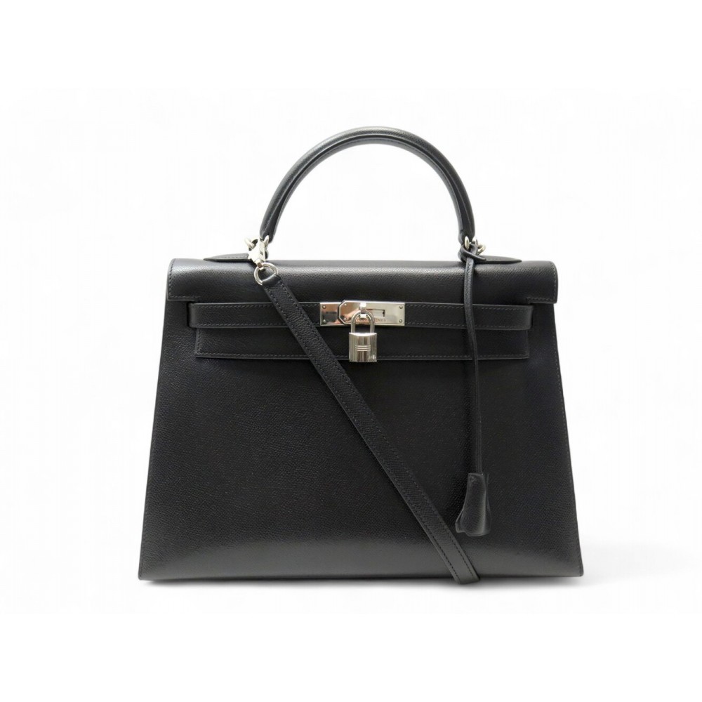 SAC A MAIN HERMES KELLY 32 SELLIER CUIR EPSOM NOIR 2004 BANDOULIERE NEW HANDBAG