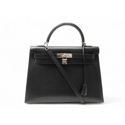 SAC A MAIN HERMES KELLY 32 SELLIER CUIR EPSOM NOIR 2004 BANDOULIERE NEW HANDBAG