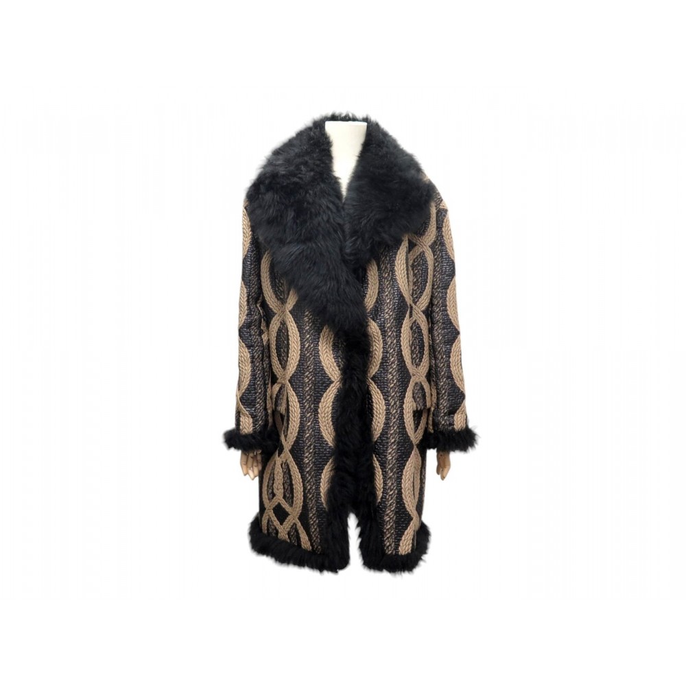 MANTEAU LONG LANVIN 40 M A MOTIFS MOUTON RASE & COL EN FOURRURE FUR COAT 3700€