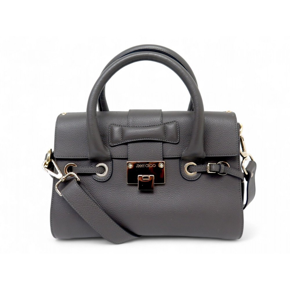 SAC A MAIN JIMMY CHOO ROSALIE CUIR GRAINE GRIS BANDOULIERE LEATHER HANDBAG 2400€