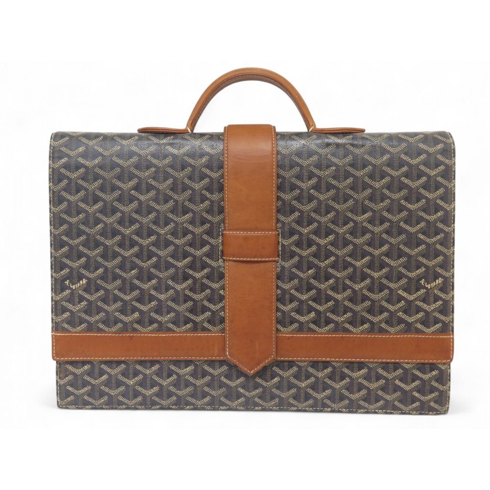 VINTAGE SACOCHE GOYARD CARTABLE CUIR ET TOILE GOYARDINE MARRON 40CM BRIEFCASE