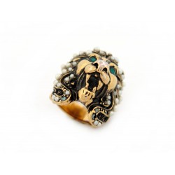 BAGUE GUCCI TETE DE LION COCKTAIL PERLES STRASS VERTS LAITON DORE T53 RING 410€