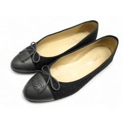 CHAUSSURES CHANEL BALLERINES G02819 LOGO CC 40 EN TWEED CUIR + BOITE SHOES 960€