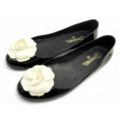 CHAUSSURES CHANEL BALLERINES G26820 CAMELIA 40.5 CUIR VERNI NOIR BOITE SHOE 960€