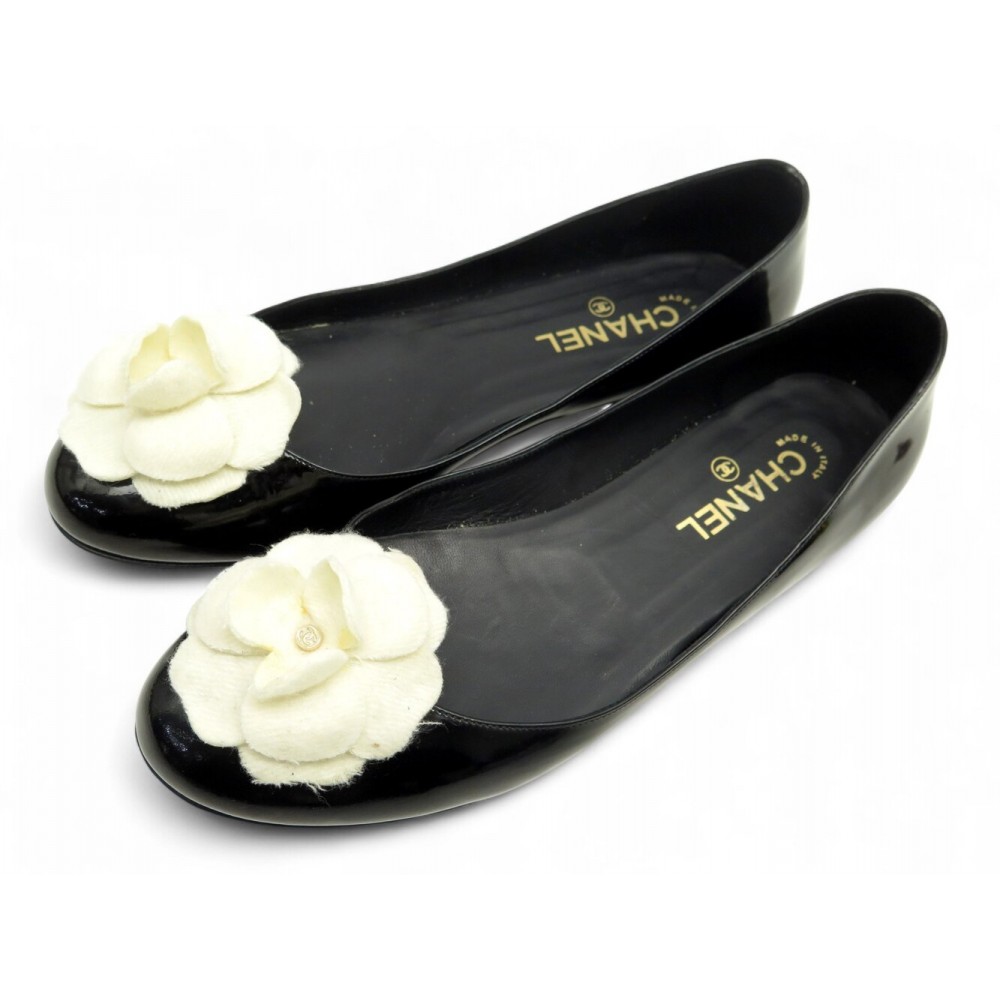 CHAUSSURES CHANEL BALLERINES G26820 CAMELIA 40.5 CUIR VERNI NOIR BOITE SHOE 960€