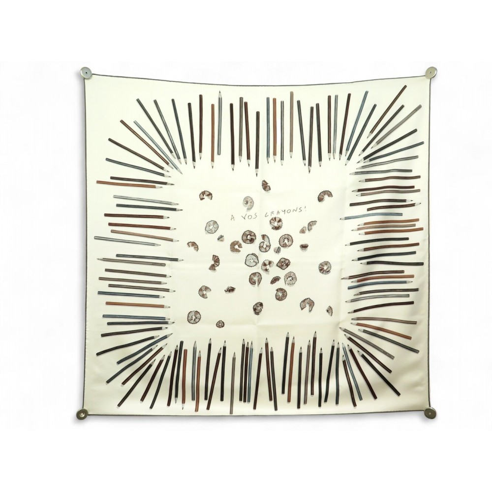 RARE FOULARD HERMES A VOS CRAYONS CARRE 90 CM COOK EN SOIE BEIGE SILK SCARF 530€