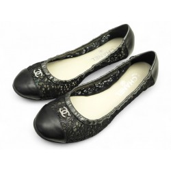 CHAUSSURES CHANEL BALLERINES G27677 DENTELLE CUIR NOIR & GRIS LOGO CC SHOES 960€
