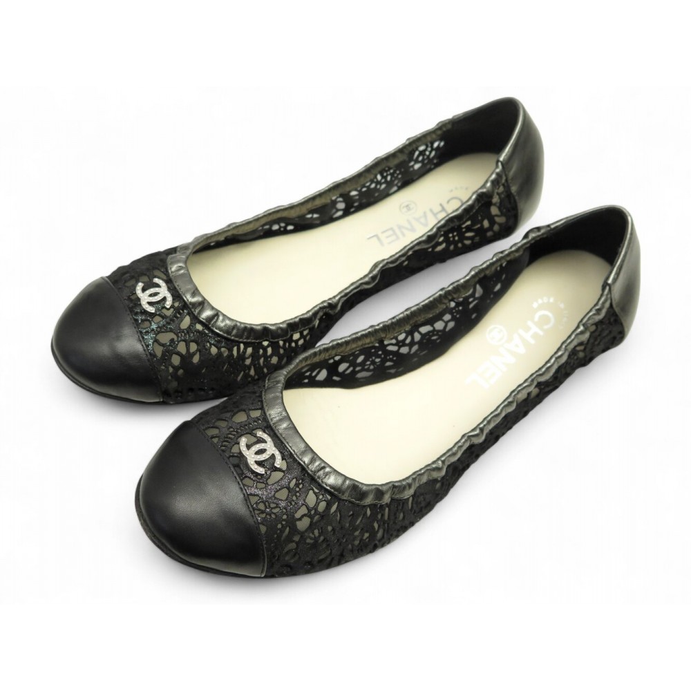 CHAUSSURES CHANEL BALLERINES G27677 DENTELLE CUIR NOIR & GRIS LOGO CC SHOES 960€