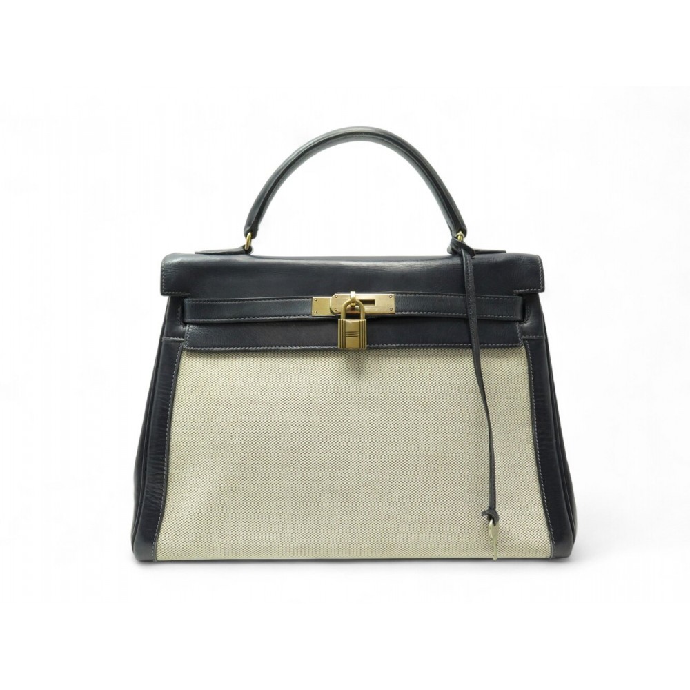 VINTAGE SAC A MAIN HERMES KELLY 32 RETOURNE 1953 EN TOILE & CUIR NOIR HAND BAG