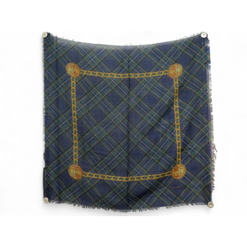 NEUF VINTAGE FOULARD CHANEL MOTIF LOGO CC CHAINES TARTAN CACHEMIRE SCARF 620€