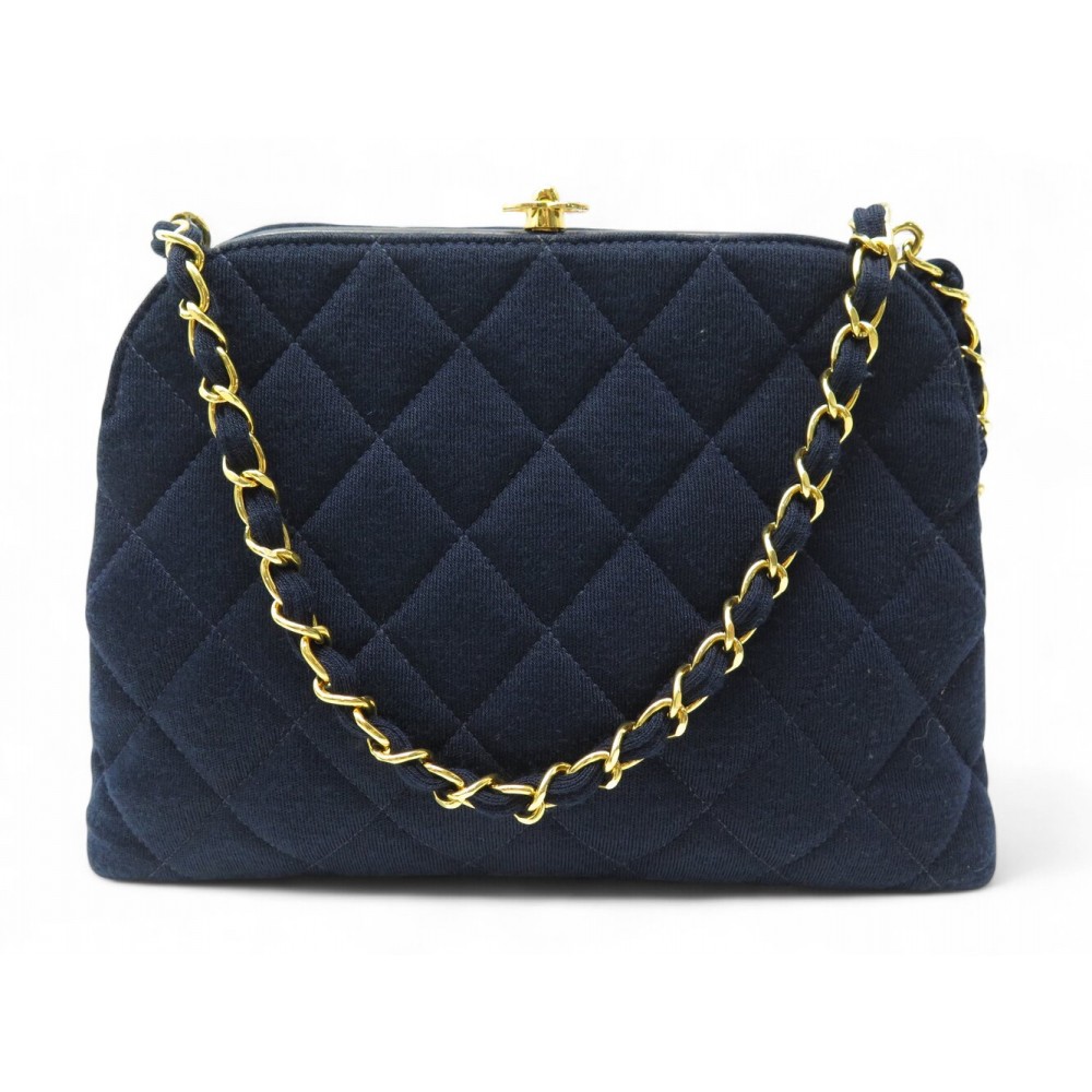VINTAGE SAC A MAIN CHANEL CC KISS LOCK EN JERSEY BLEU MARINE MATELASSE BAG 6700€
