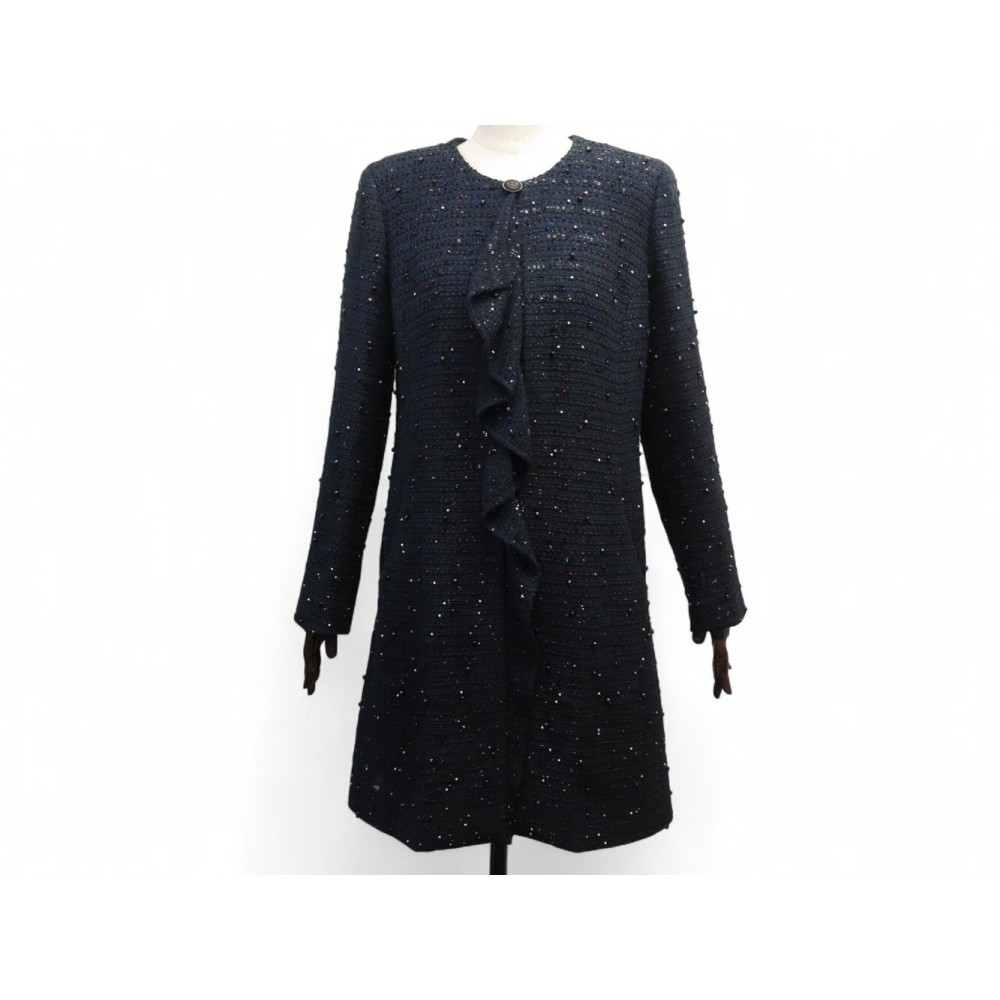NEUF VESTE LONGUE CHANEL P62727V48379 LESAGE TWEED BLEU 38 M MANTEAU COAT 15000€