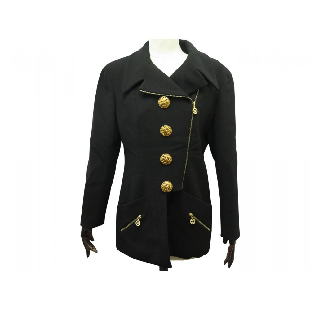 VINTAGE VESTE CHANEL 1989 EN TWEED NOIR BOUTONS CHAINE ZIP LOGO CC JACKET 6500€