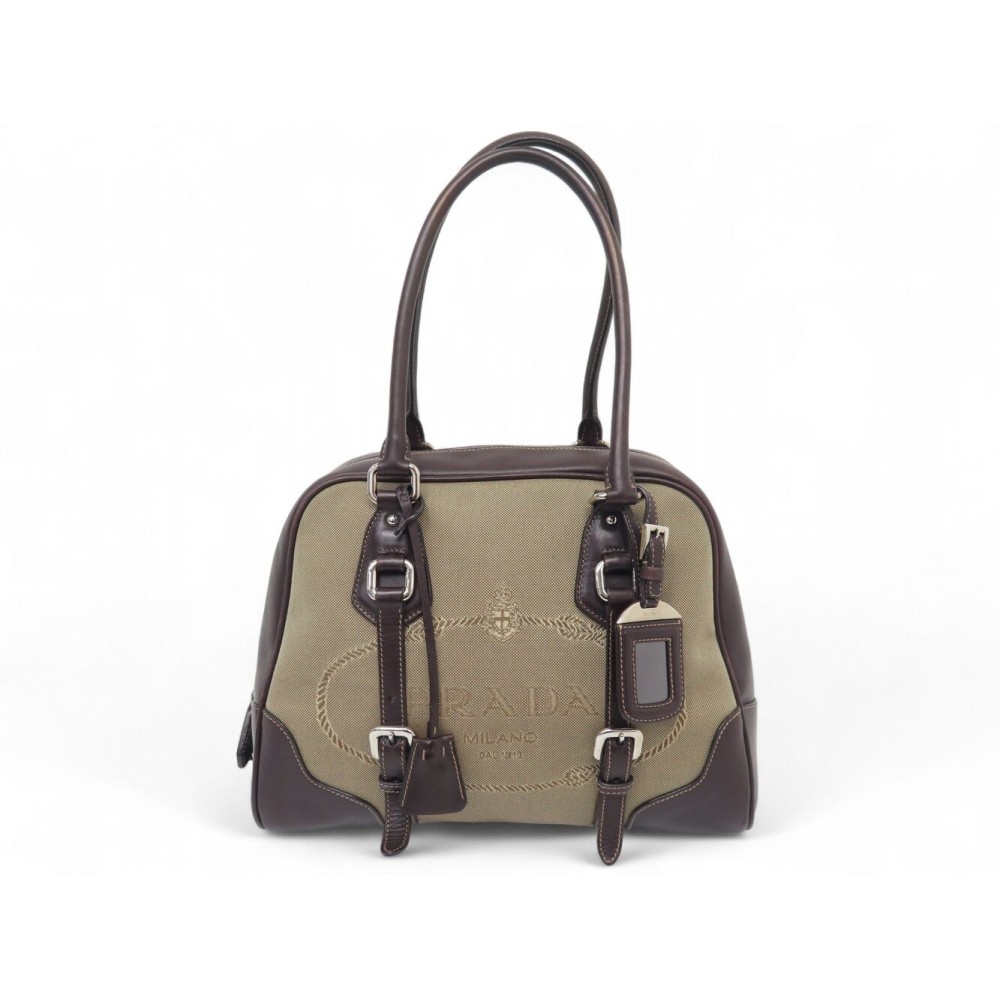 SAC A MAIN PRADA BL0283 CUIR & TOILE LOGO JACQUARD LEATHER CANVAS HANDBAG 1350€