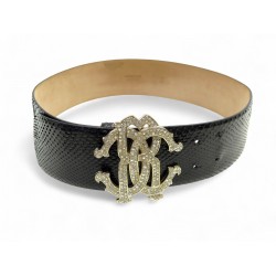 CEINTURE ROBERTO CAVALLI T80 EN CUIR DE PYTHON NOIR BOUCLE LOGO STRASS BELT 590€