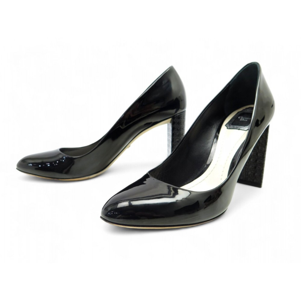 CHAUSSURES CHRISTIAN DIOR ESCARPINS CHUNKY CANNAGE 40 CUIR VERNI NOIR SHOES 300€