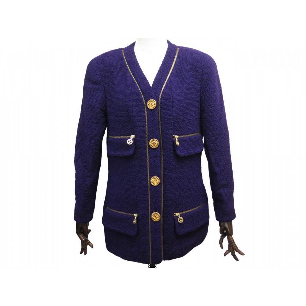 VINTAGE VESTE CHANEL EN TWEED VIOLET BOUTONS LOGO CC CHAINE 40 M JACKET 6500€