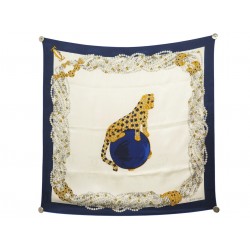 FOULARD CARTIER PANTHERE EN SOIE BLEU CARRE 90 BIJOUX COLLIER + BOITE SCARF 530€