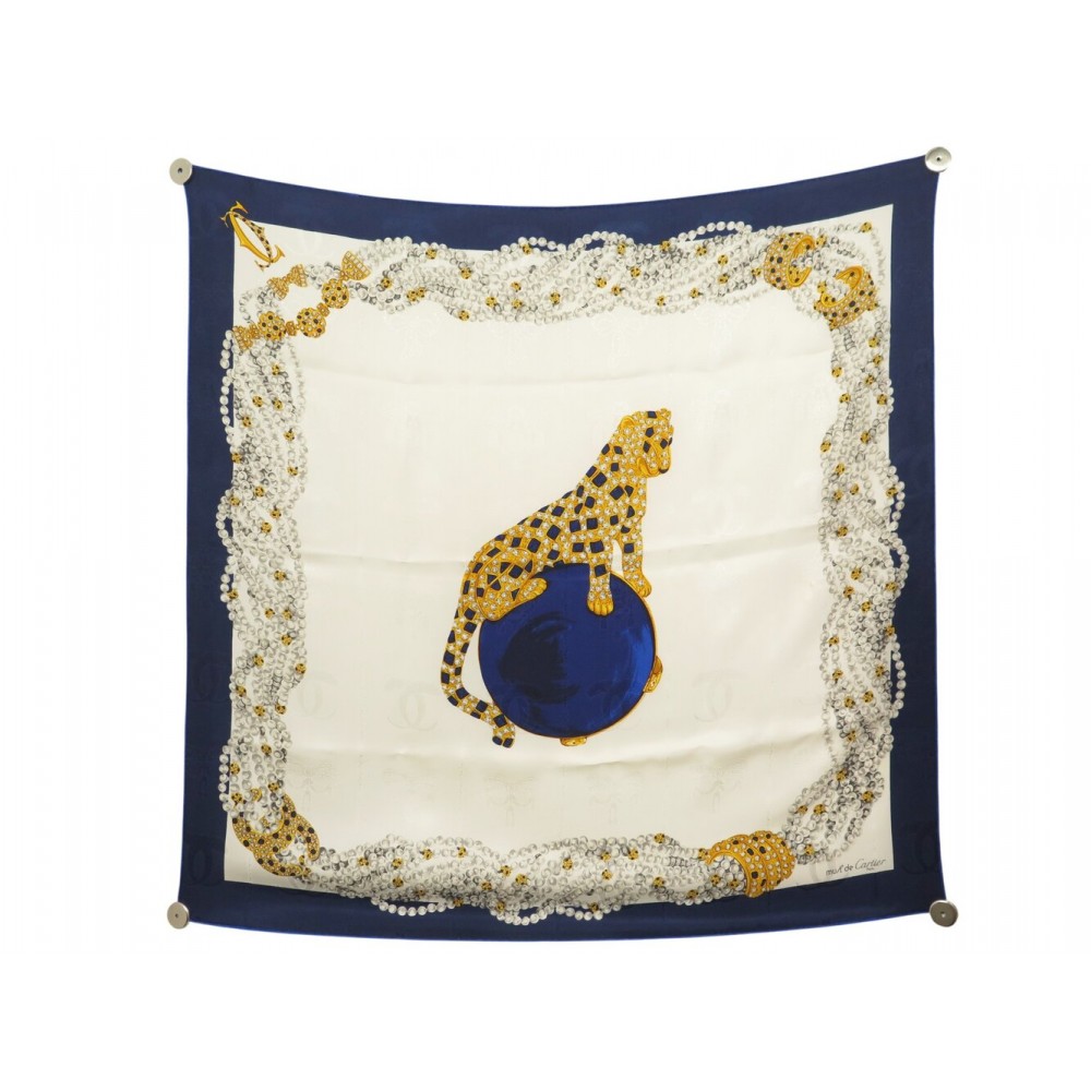 FOULARD CARTIER PANTHERE EN SOIE BLEU CARRE 90 BIJOUX COLLIER + BOITE SCARF 530€