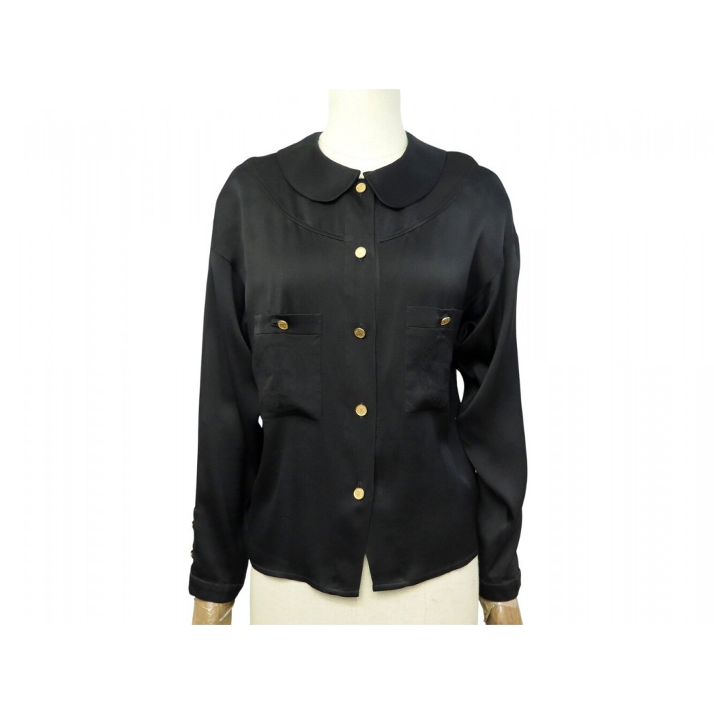 VINTAGE CHEMISIER CHANEL DOUBLE LOGO 31 RUE CAMBON 38 M EN SOIE NOIRE TOP 2500€