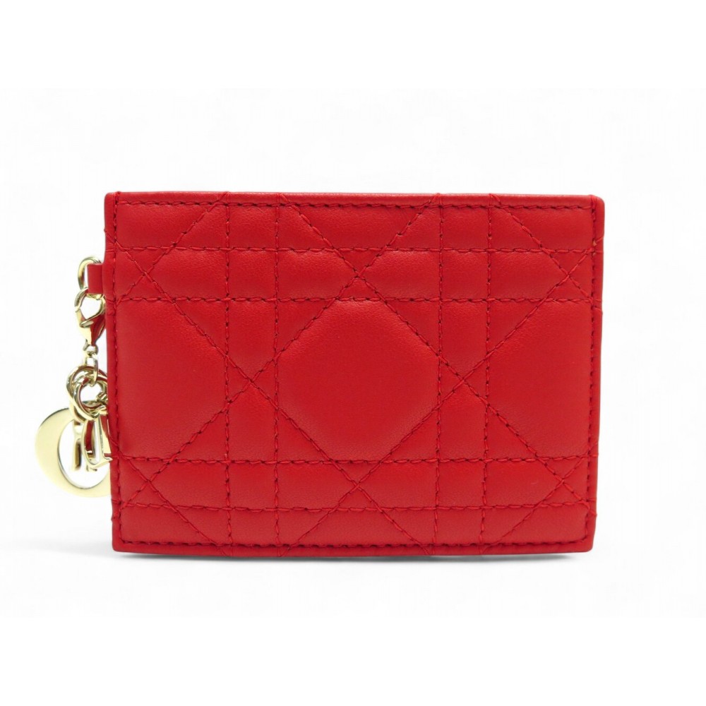 NEUF PORTE CARTES CHRISTIAN DIOR LADY EN CUIR CANNAGE ROUGE CARDS HOLDER 350€