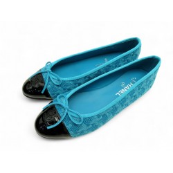 NEUF BALLERINES CHANEL G02819 TWEED TURQUOISE 39.5 + BOITE FLAT SHOES NEW 960€