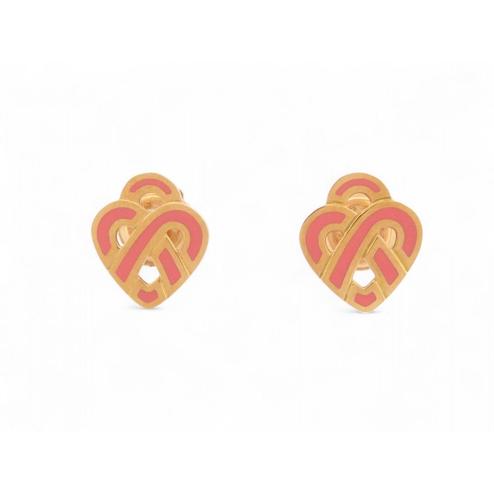 NEUF BOUCLES D'OREILLES COEUR ENTRELACE EMAIL ROSE & OR JAUNE 18K EARRINGS 1490€
