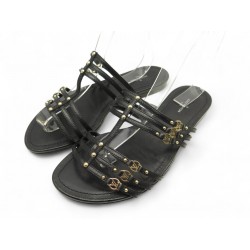 CHAUSSURES SANDALES LOUIS VUITTON LOGO LV 40 CUIR NOIR + POCHON SHOES 880€