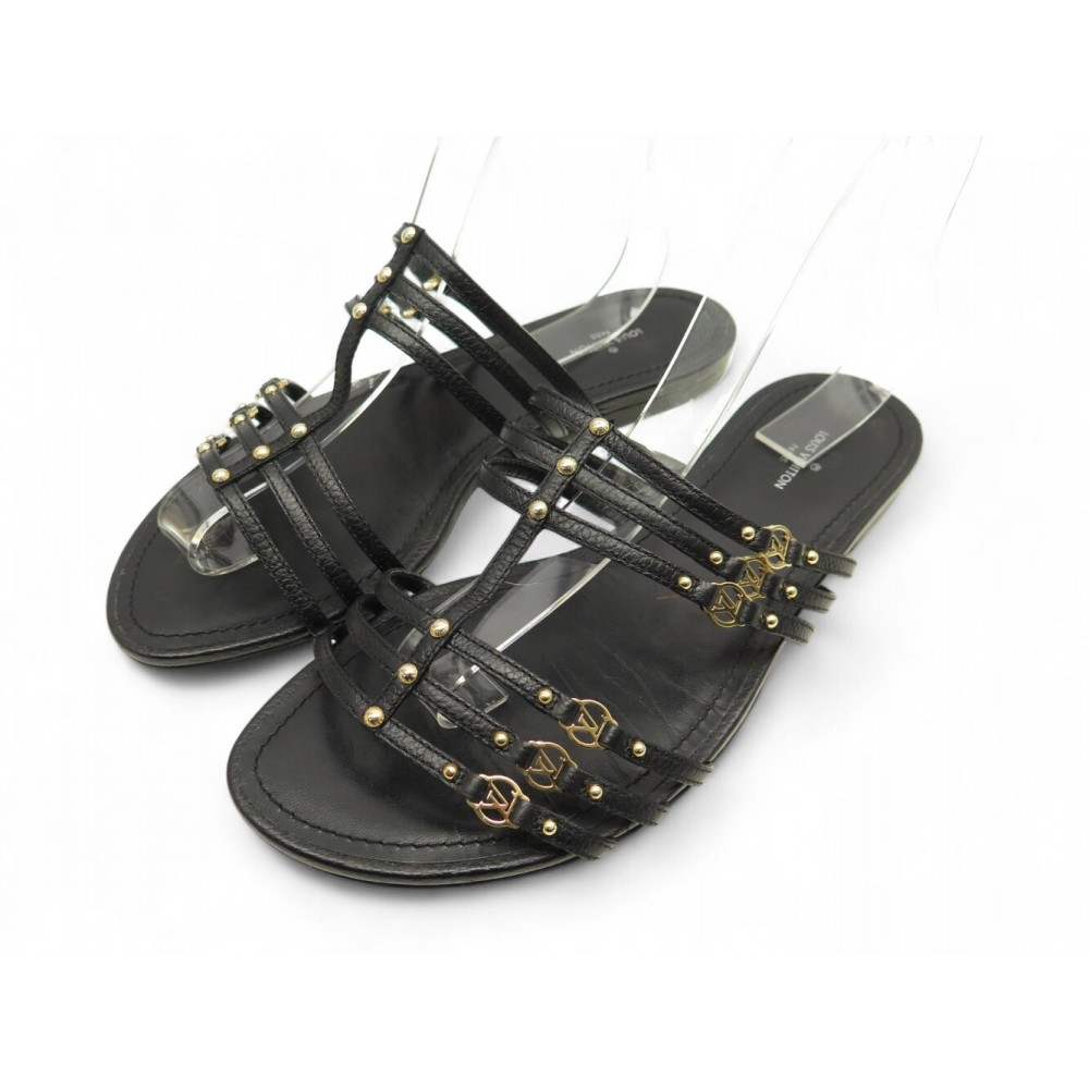 CHAUSSURES SANDALES LOUIS VUITTON LOGO LV 40 CUIR NOIR + POCHON SHOES 880€