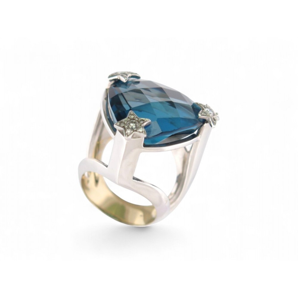 BAGUE COCKTAIL T54 OR BLANC 18K TOPAZE TRILLION LONDON BLUE DIAMANTS 0.25CT RING