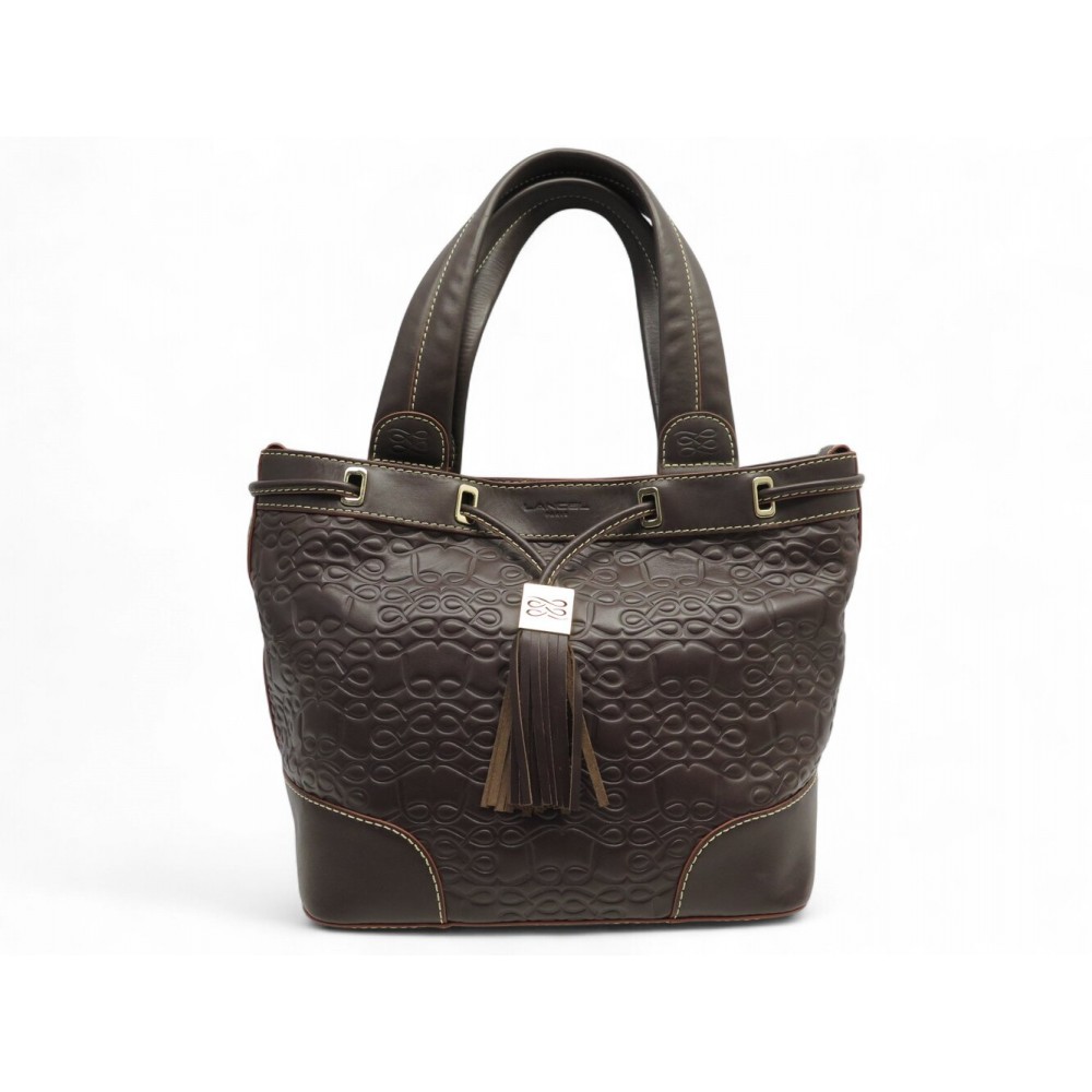 NEUF SAC A MAIN LANCEL CUIR EMBOSSE MARRON LOGO LEATHER NEW HAND BAG PURSE 750€
