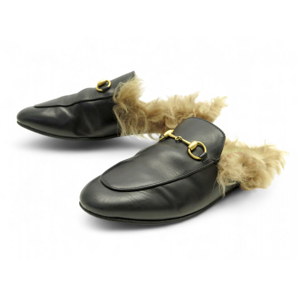 CHAUSSURES GUCCI MULES PRINCETOWN FOURREES 36.5 CUIR NOIR SANDALES SHOES 890€