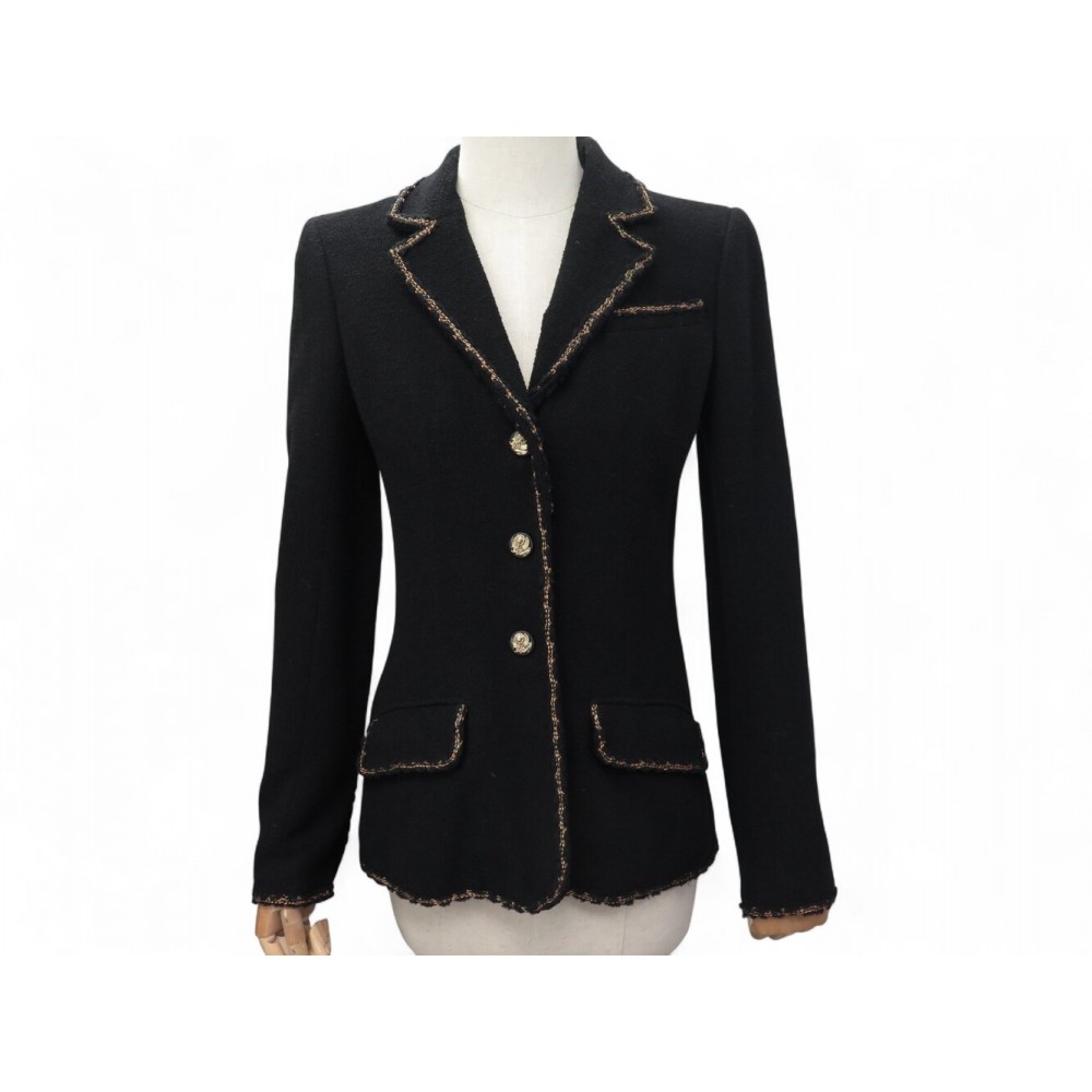 NEUF VESTE CINTREE CHANEL P37347 S 36 EN LAINE NOIRE BLACK WHOOL JACKET 7700€