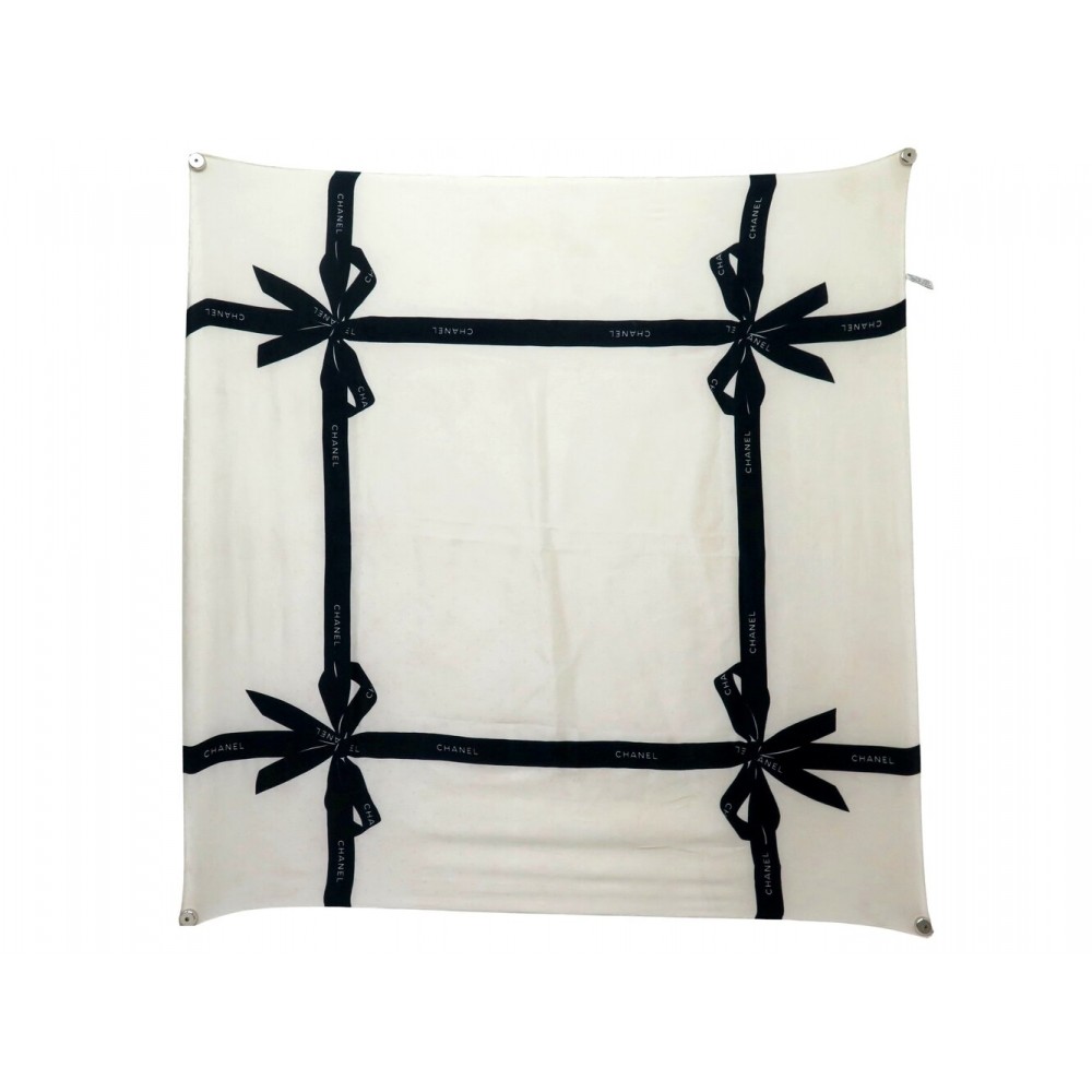 FOULARD CHANEL RUBANS NOEUDS CARRE 90 CM EN SOIE CREME CREAM SILK SCARF 530€