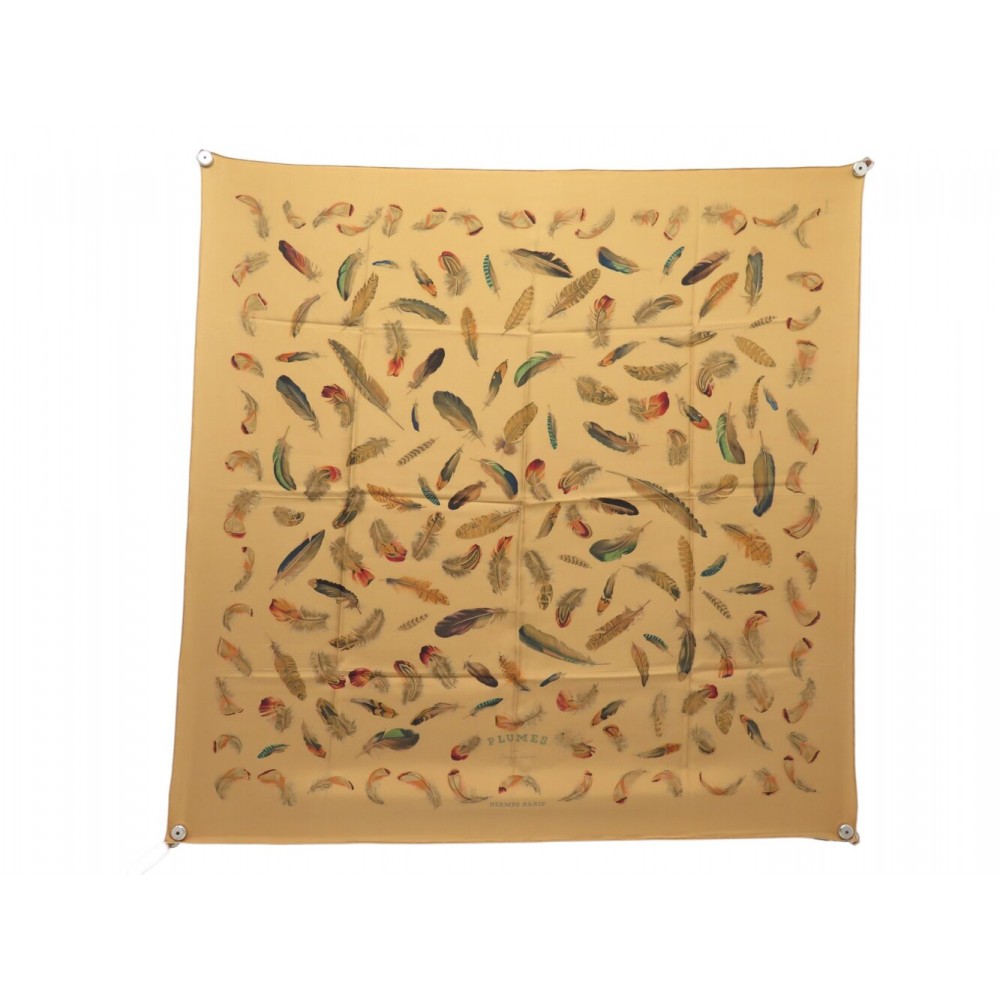 VINTAGE FOULARD HERMES LES PLUMES DE LINARES CARRE 90 SOIE CAMEL SILK SCARF 530€