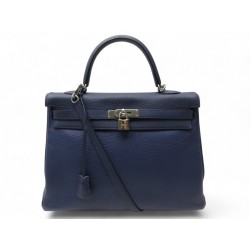 SAC A MAIN HERMES KELLY 35 EN CUIR RETOURNE BLEU BANDOULIERE LEATHER HAND BAG