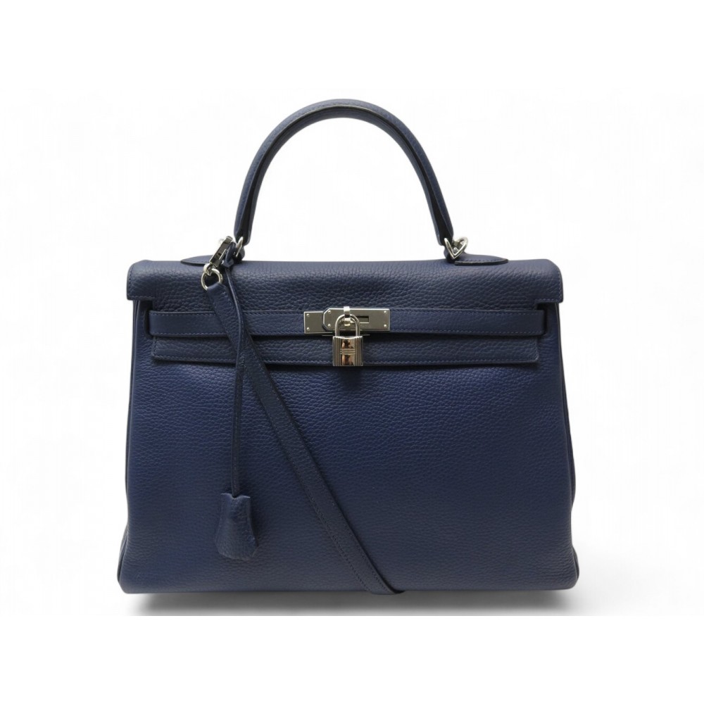 SAC A MAIN HERMES KELLY 35 EN CUIR RETOURNE BLEU BANDOULIERE LEATHER HAND BAG